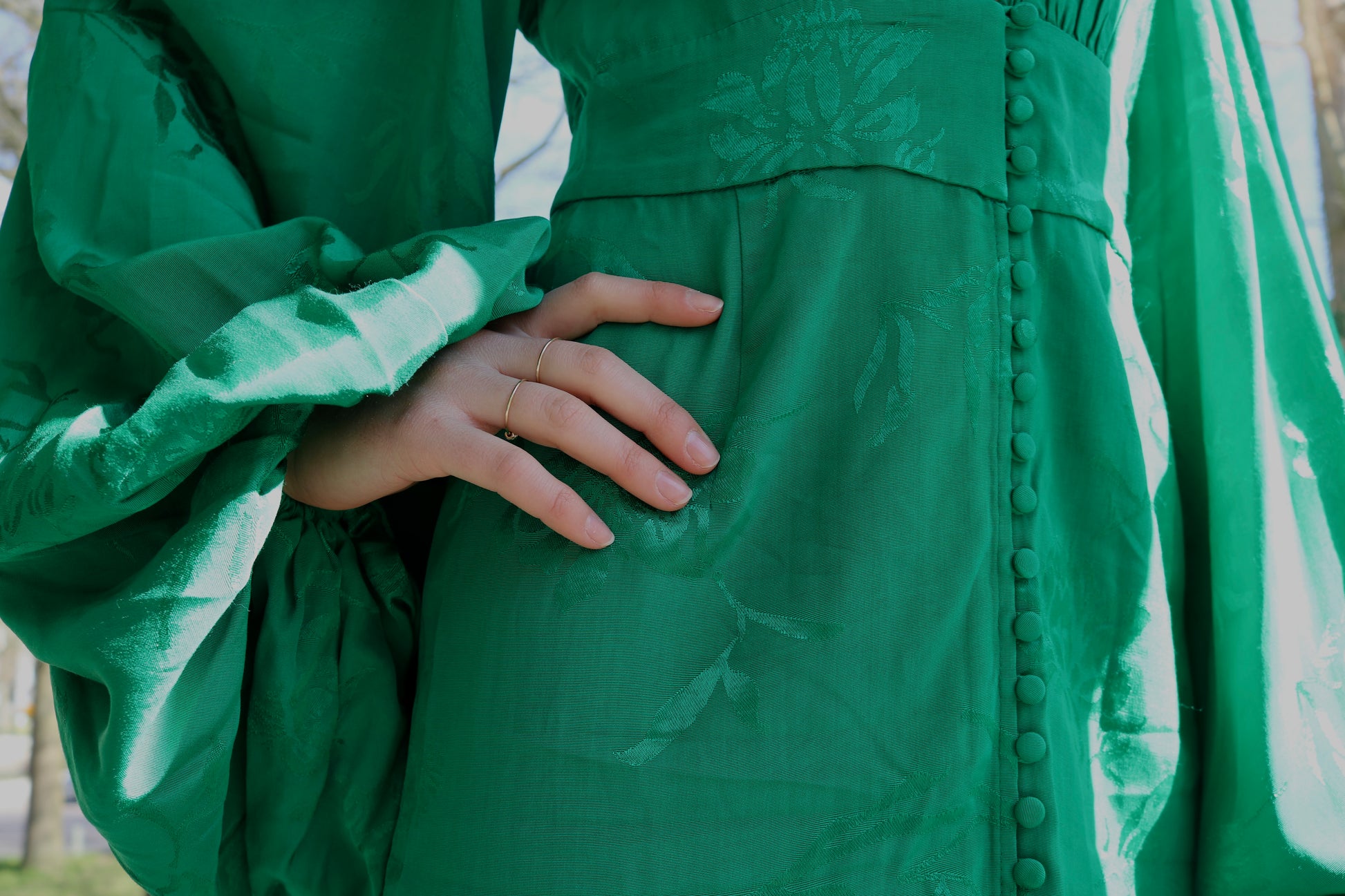 Bovenkant van de Isabella Green Dress van Rat and Boa met knoopdetails, perfect voor jurken huren.