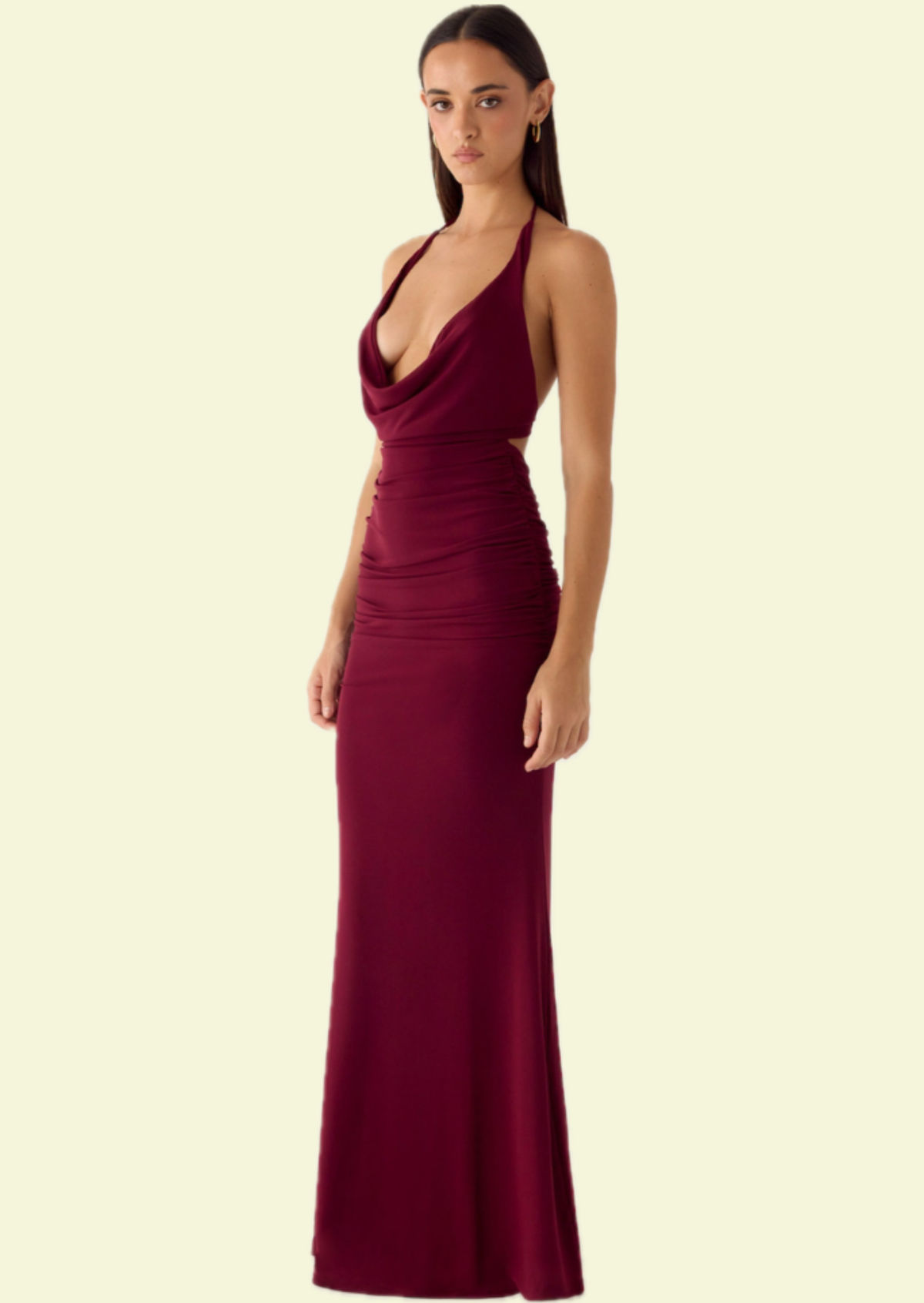 Cabernet Ruched Halter Maxi Dress - Pineloue