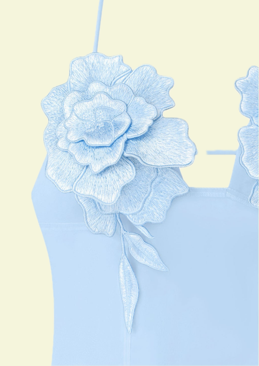 Sky Blue Rose Applique Mini Dress - Pineloue