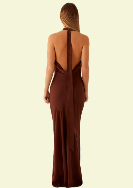 Brown Halter Maxi Dress - Pineloue