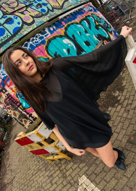 Black Cape Mesh Mini Dress - Pineloue