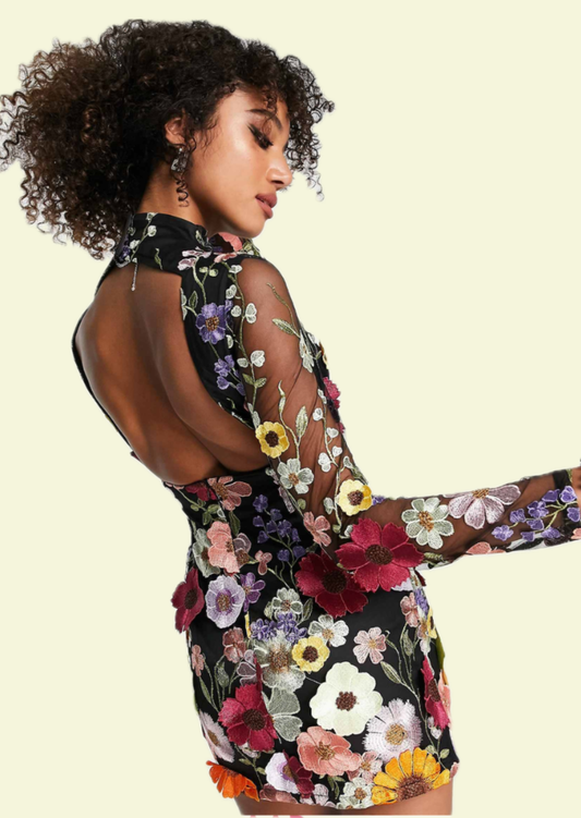 Midnight Bloom Embroidered Mini Dress - Pineloue