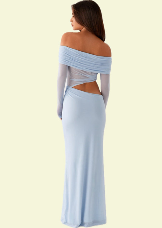 Ice Blue Off-Shoulder Maxi Dress - Pineloue