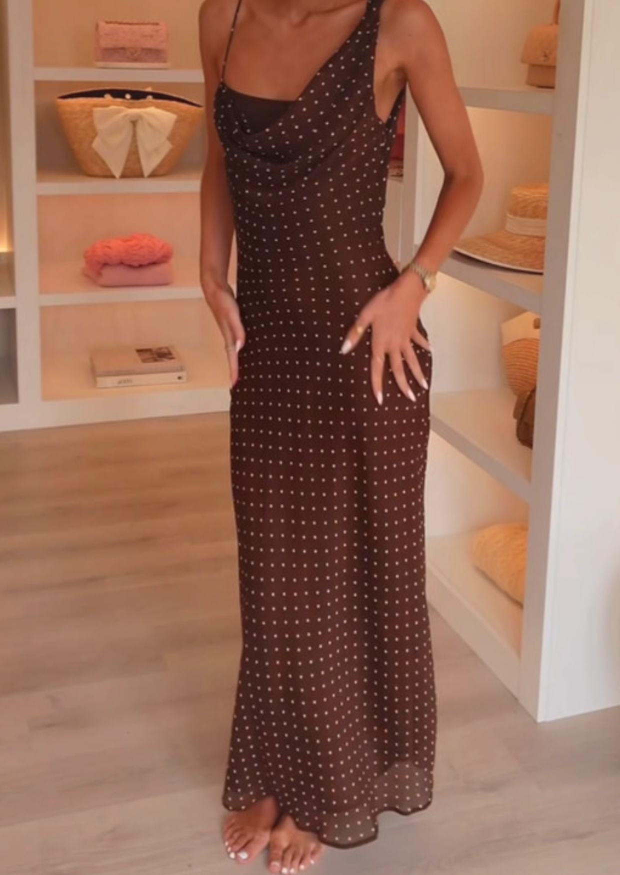 Brown Polka One-Shoulder Maxi Dress - Pineloue