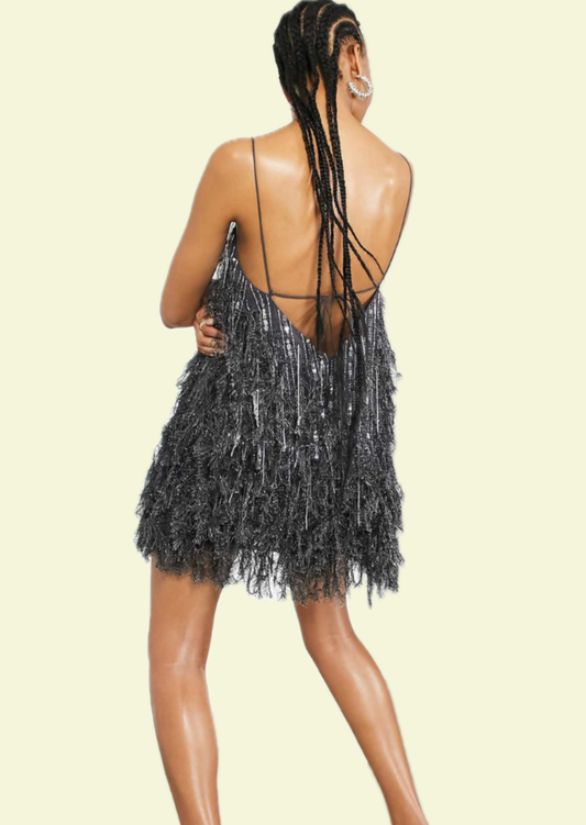 Black Feather Sparkle Mini Dress - Pineloue