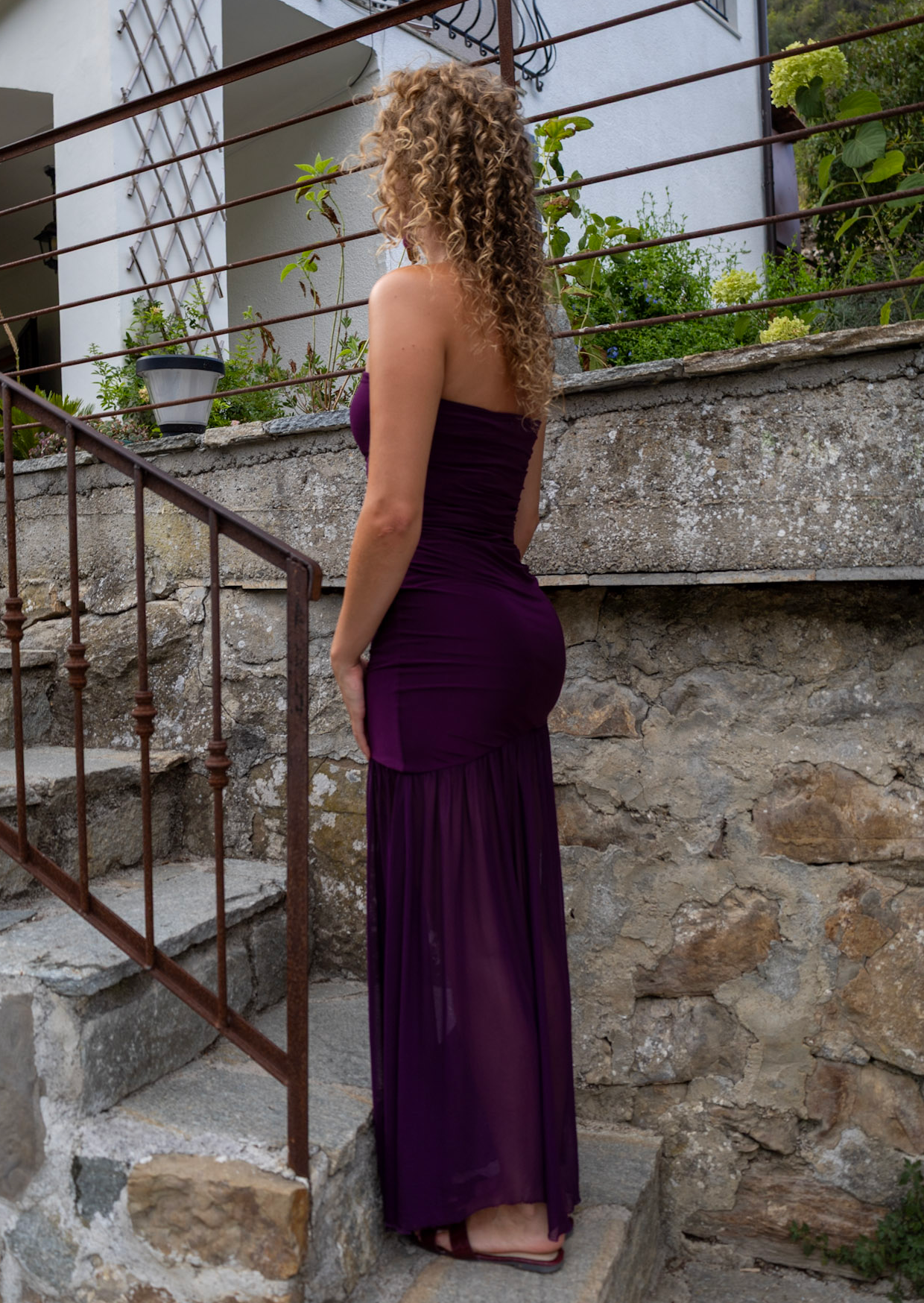 Plum Strapless Mesh Maxi Dress