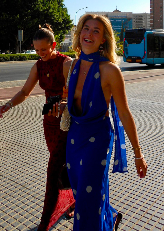 Blue Polka Halter Maxi Dress - Pineloue