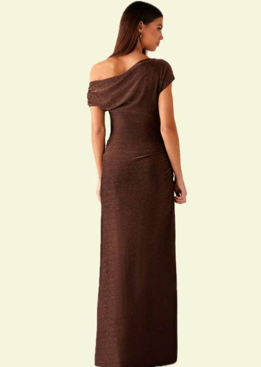 Cocoa Shimmer Asymmetric Maxi Dress - Pineloue