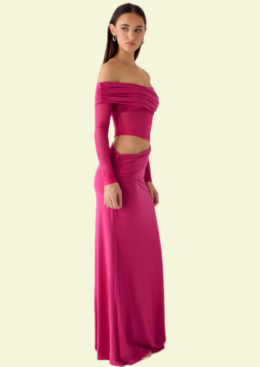 Fuchsia Off Shoulder Cut Out Maxi Dress - Pineloue