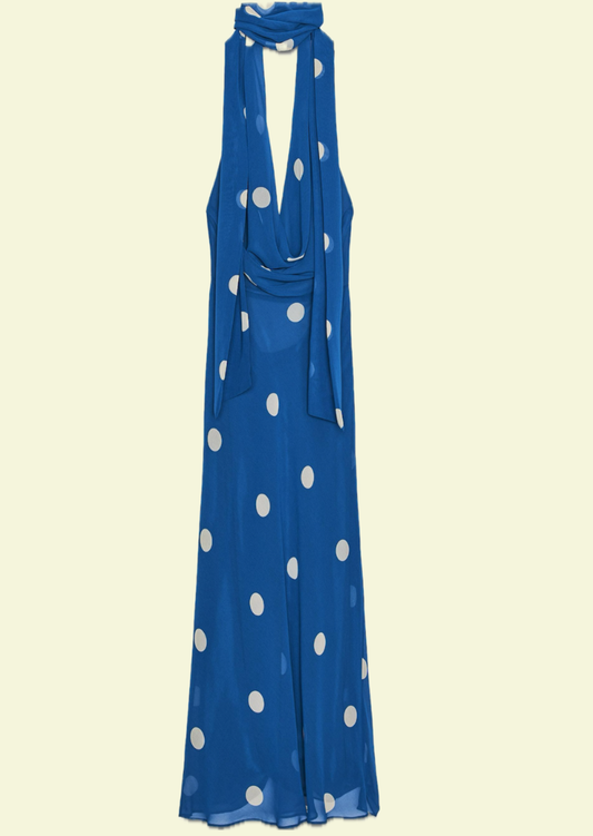 Blue Polka Halter Maxi Dress - Pineloue