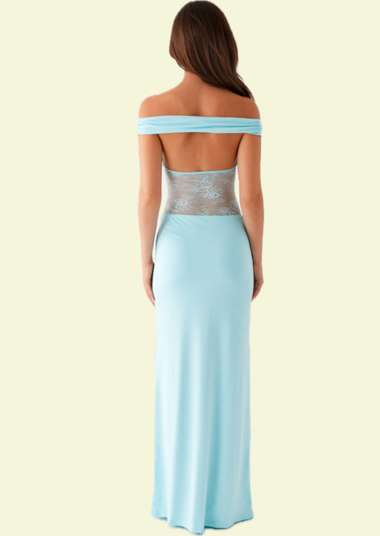 Aqua Lace Off Shoulder Maxi Dress - Pineloue