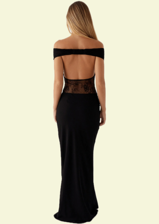 Black Lace Off Shoulder Maxi Dress - Pineloue