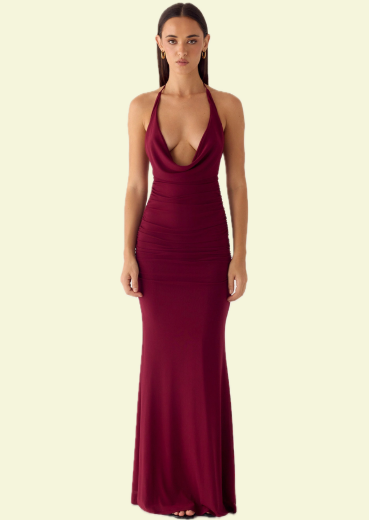 Cabernet Ruched Halter Maxi Dress - Pineloue