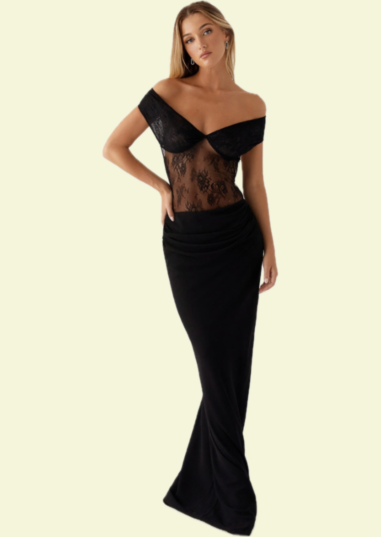 Black Lace Off Shoulder Maxi Dress - Pineloue