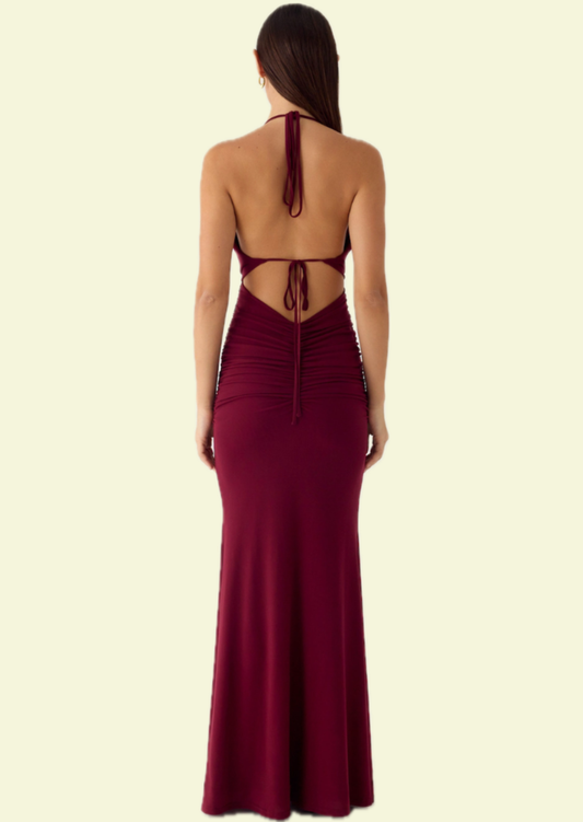Cabernet Ruched Halter Maxi Dress - Pineloue