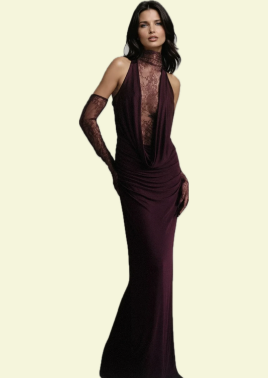 Bordeaux Lace Drape Gown
