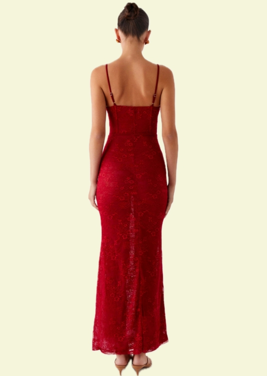 Crimson Corset Maxi Dress - Pineloue