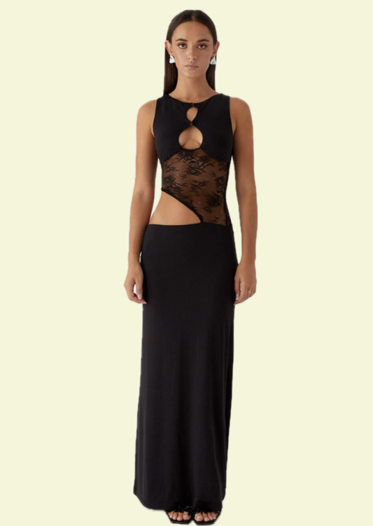 Noir Lace Cut-Out Maxi Dress