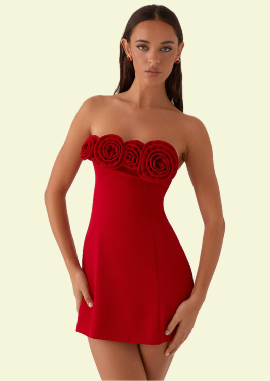 Red Rose Mini Dress - Pineloue