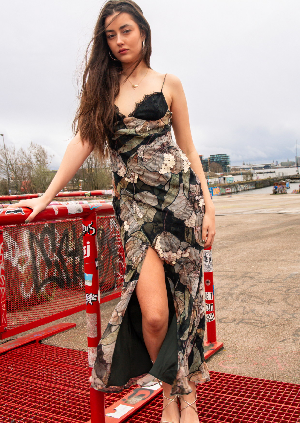 Noir Blossom Lace-Up Maxi Dress - Pineloue