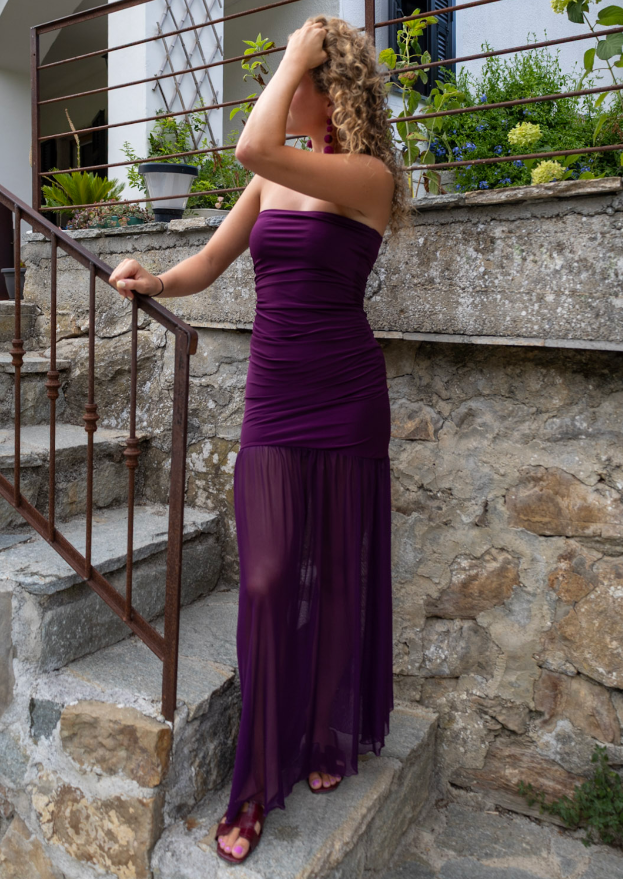 Plum Strapless Mesh Maxi Dress