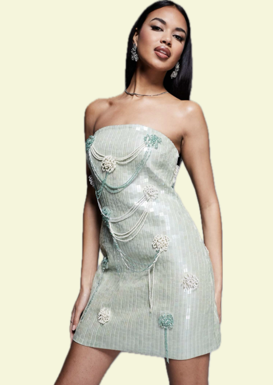 Mint Bloom Strapless Mini Dress - Pineloue