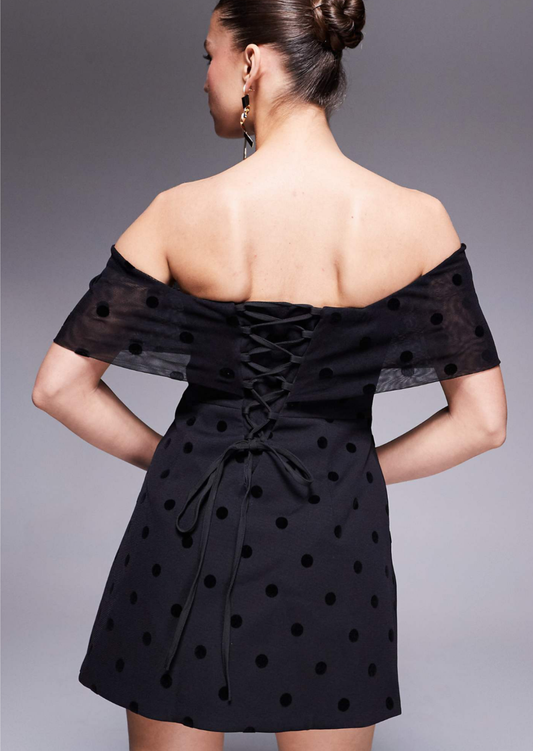 Black Polka Off Shoulder Mini Dress - Pineloue