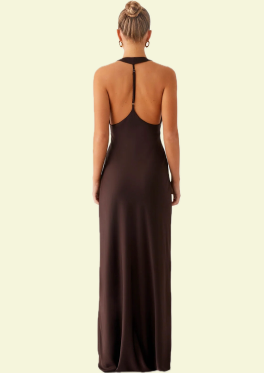 Chocolate Halter Maxi Dress - Pineloue