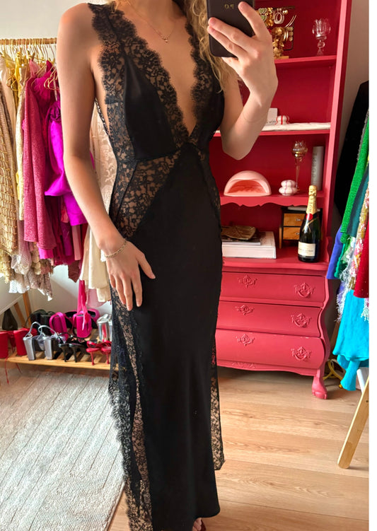 Black Lace Side-Split Maxi Dress - Pineloue