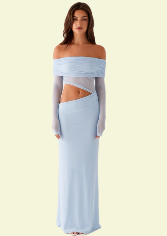 Ice Blue Off-Shoulder Maxi Dress - Pineloue