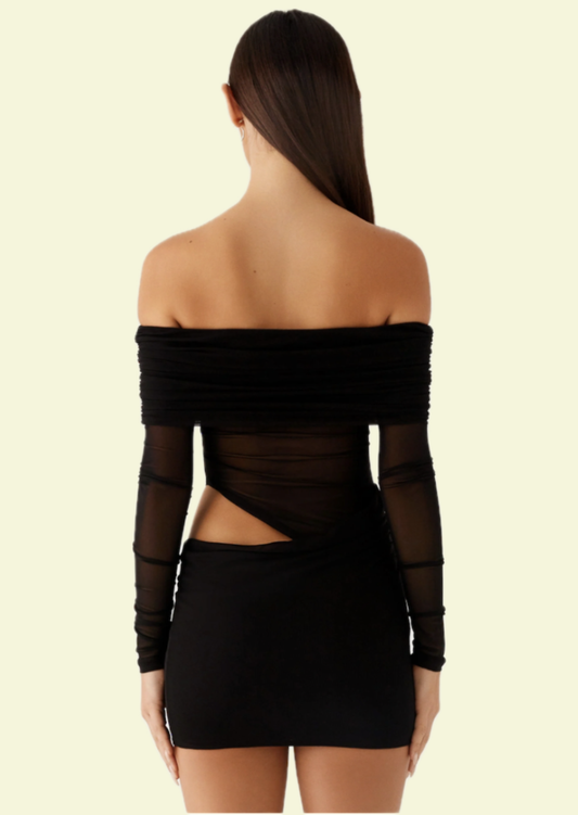 Black Off Shoulder Mesh Mini Dress - Pineloue