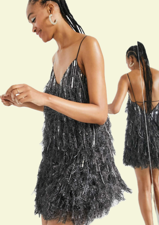 Black Feather Sparkle Mini Dress - Pineloue