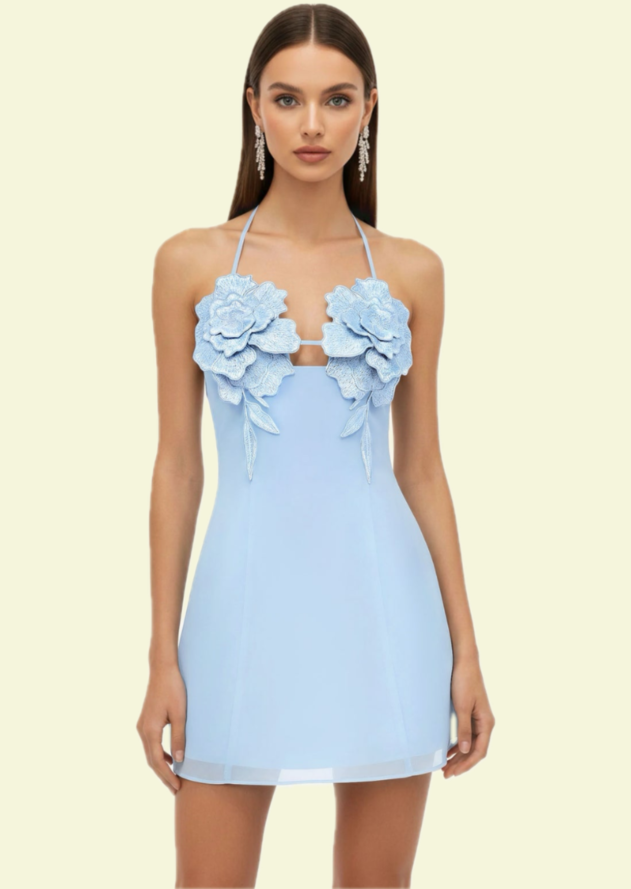 Sky Blue Rose Applique Mini Dress - Pineloue