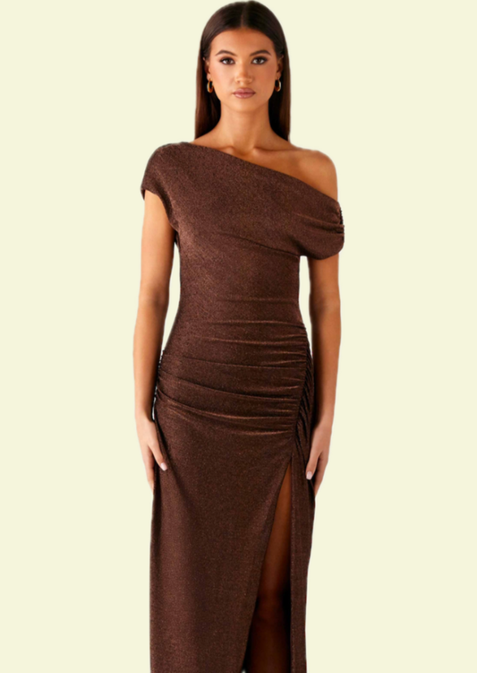 Cocoa Shimmer Asymmetric Maxi Dress - Pineloue