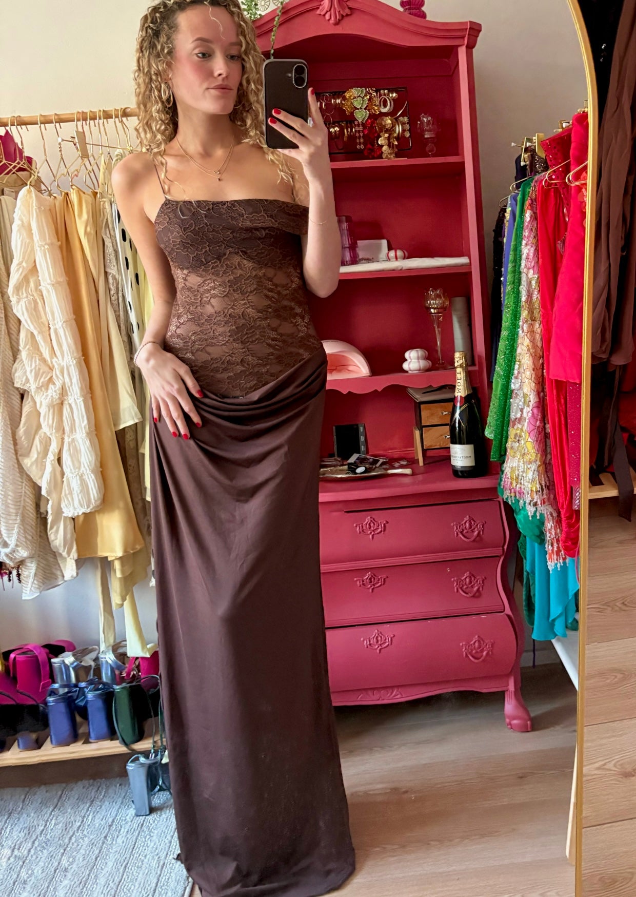Brown Lace Maxi Dress - Pineloue