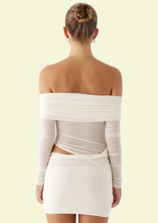 White Off Shoulder Mesh Mini Dress - Pineloue