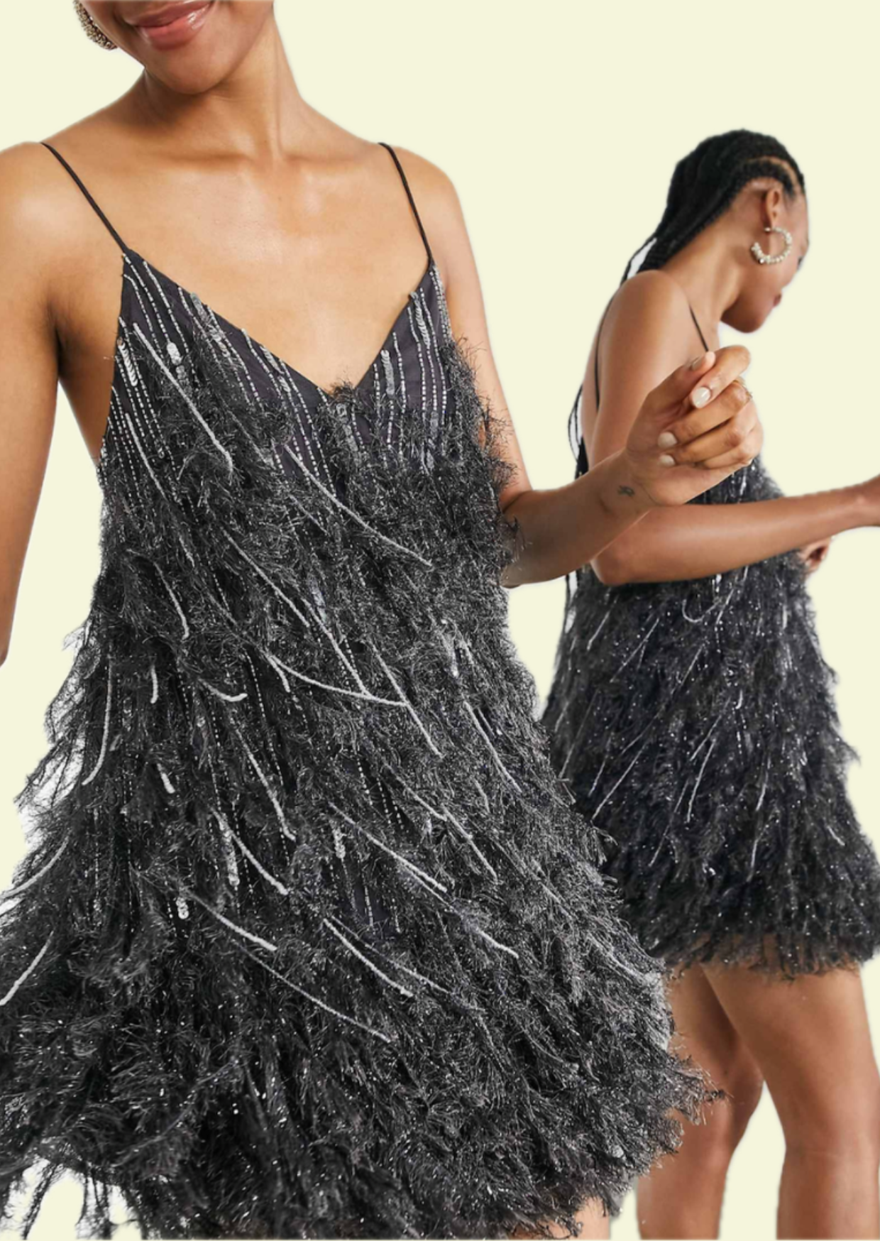 Black Feather Sparkle Mini Dress - Pineloue