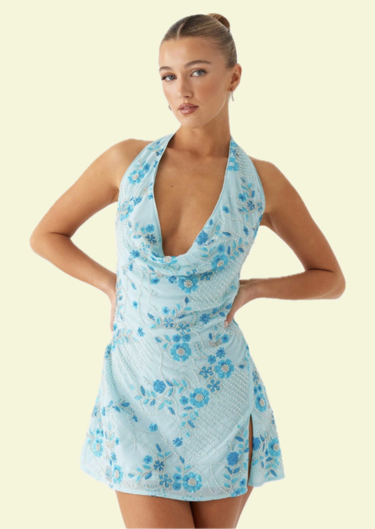 Blue Sequin Halter Mini Dress - Pineloue