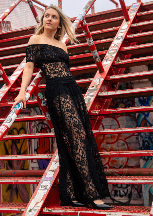 Midnight Lace Off Shoulder Maxi Dress - Pineloue