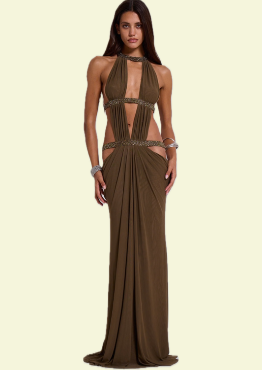 Olive Crystal Cut-Out Maxi Dress - Pineloue