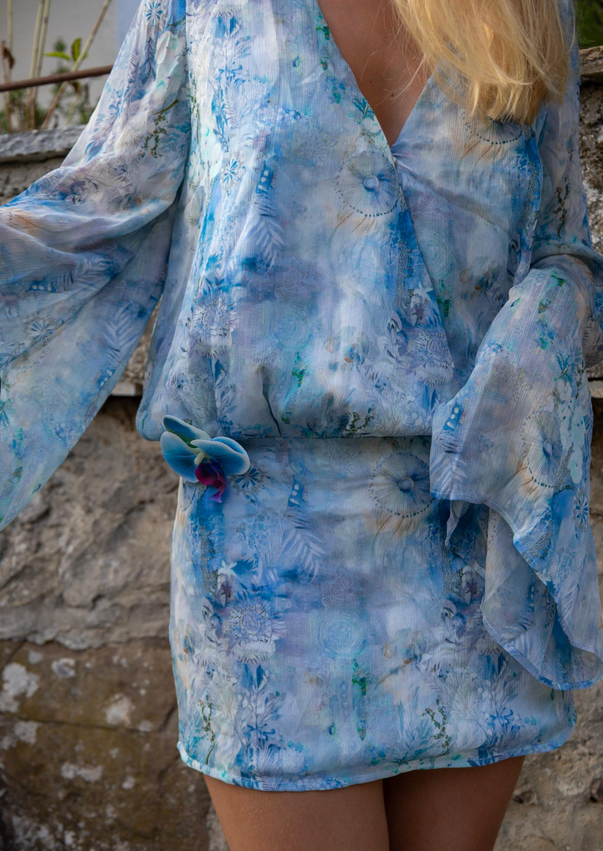 Ocean Blue Kaftan Mini Dress - Pineloue