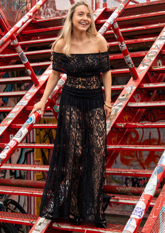 Midnight Lace Off Shoulder Maxi Dress - Pineloue