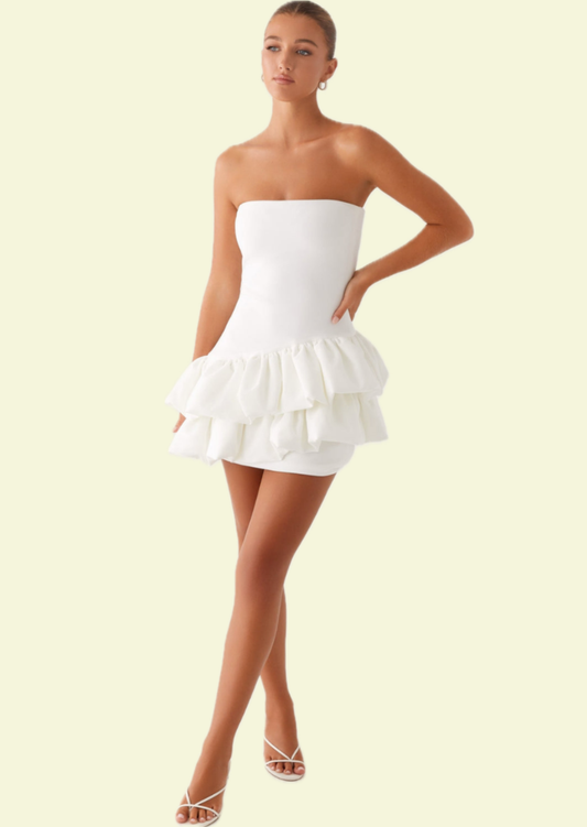 White Ruffle Mini Dress - Pineloue