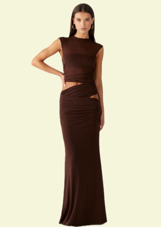 Brown Cut-Out Maxi Dress - Pineloue