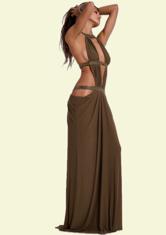 Olive Crystal Cut-Out Maxi Dress - Pineloue