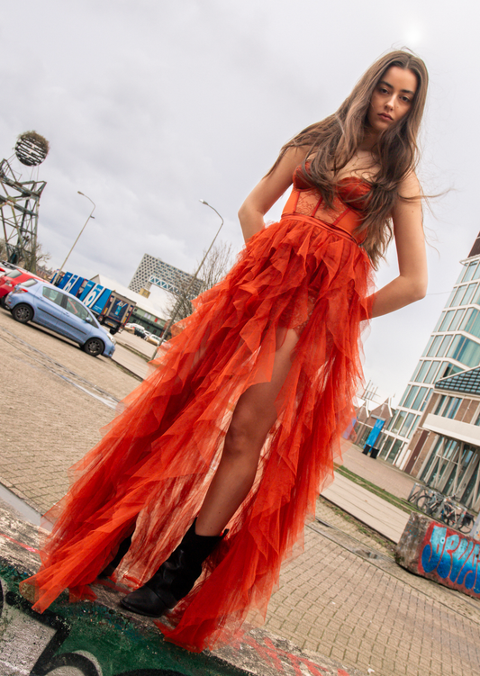 Rust Ruffle Maxi Dress - Pineloue