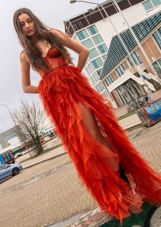 Rust Ruffle Maxi Dress - Pineloue
