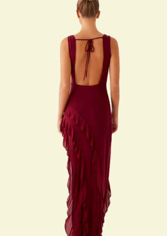 Burgundy Ruffle Maxi Dress - Pineloue