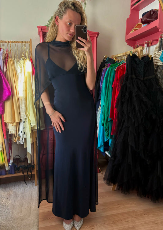 Midnight Blue Sheer Cape Maxi Dress - Pineloue